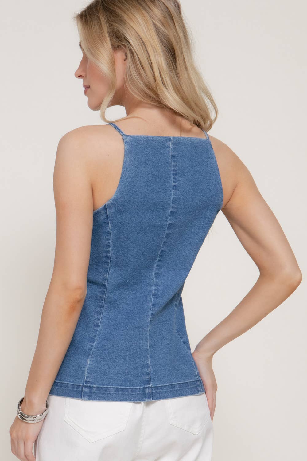 Straight Neckline Stretch Denim Long Vest Top