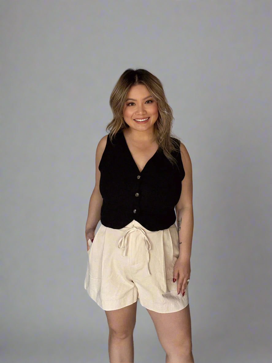 High-waisted Washed Twill Paperbag Shorts