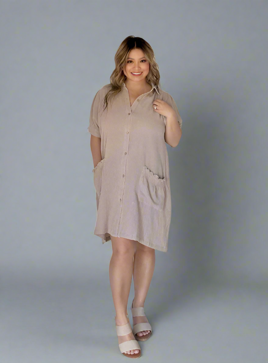 Ruffled Pocket Button Down Shirt Dress