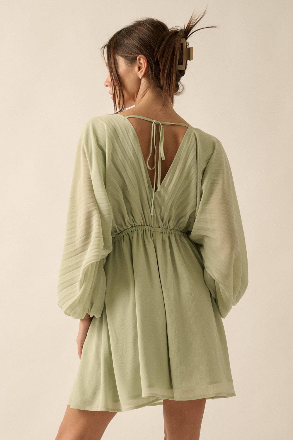 Deep V Neck Chiffon Bishop Sleeve Mini Dress