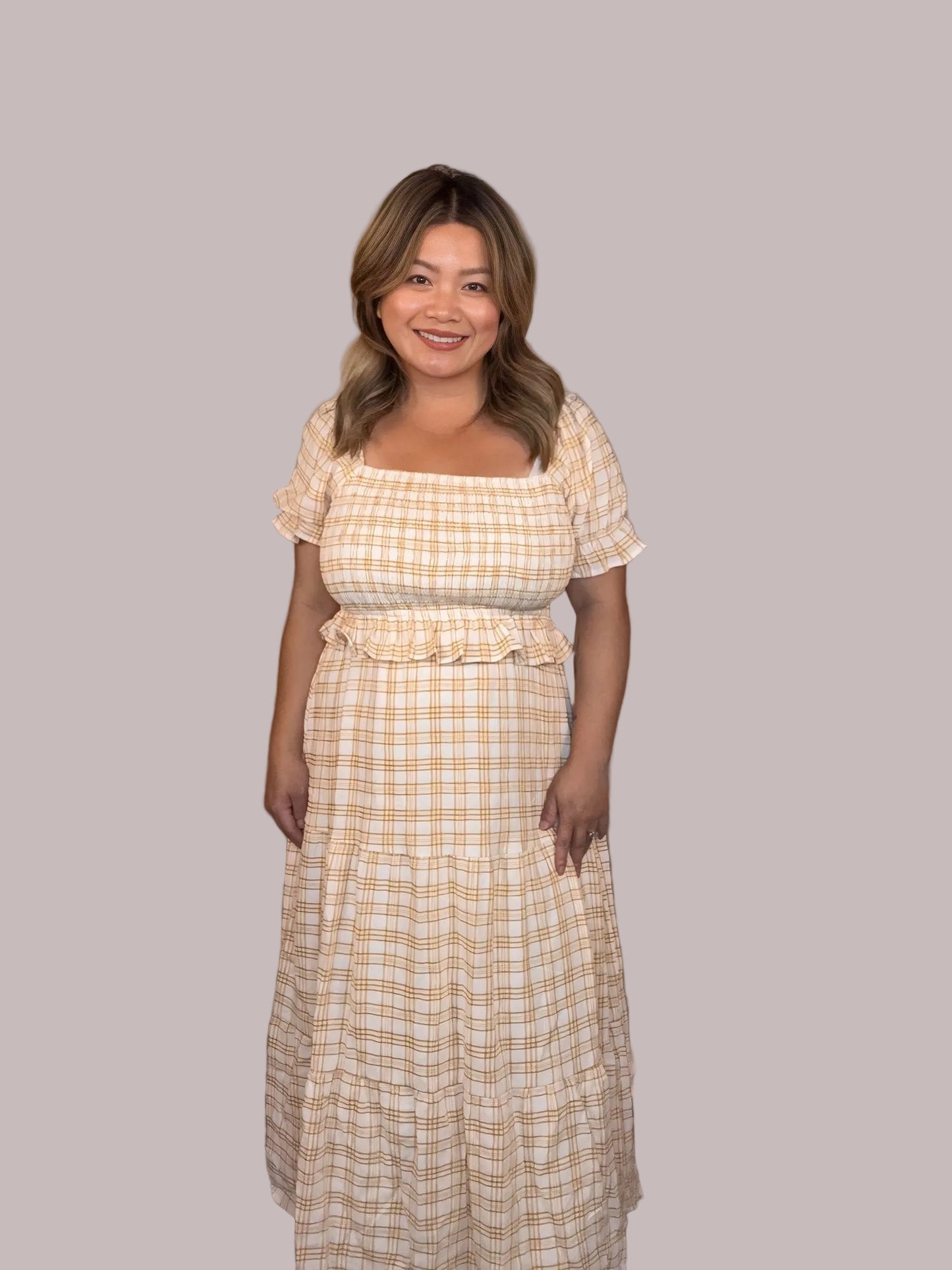 Checked Midi Dress with Puff Sleeves
