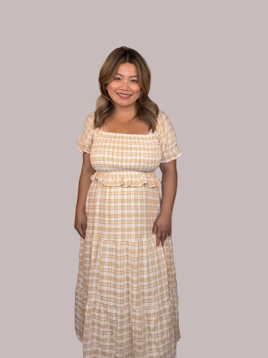 Checked Midi Dress with Puff Sleeves