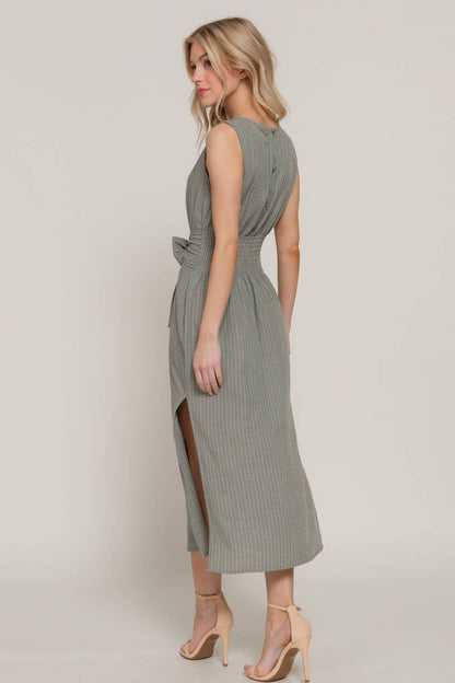Sleeveless Round Neck Waist Tie Stripe Linen Midi Dress