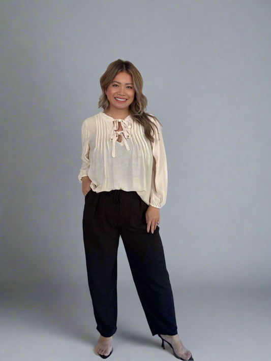 Front Tie Pleated Front 3/4 Sleeve Top