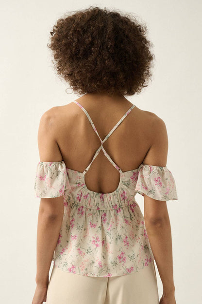Floral Chiffon Ruffled Cold-Shoulder Cami Top