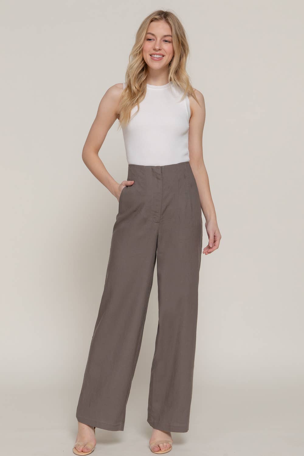 High Waist Pintuck Detail Straight Linen Pants