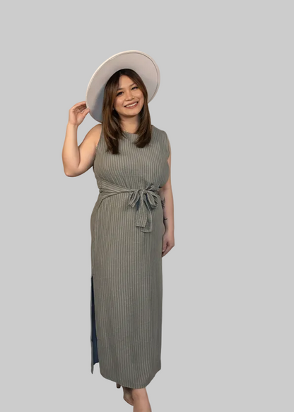 Sleeveless Round Neck Waist Tie Stripe Linen Midi Dress