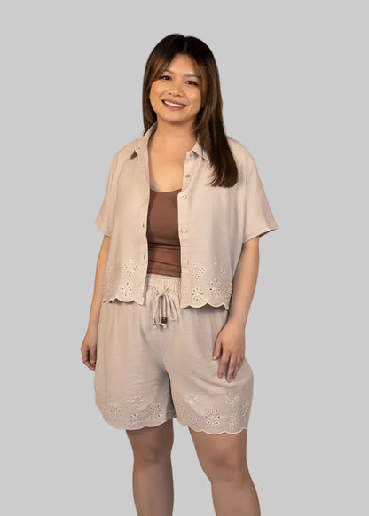 Eyelet Scallop Hem Woven Top & Short Set
