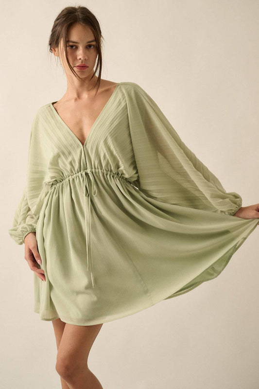 Deep V Neck Chiffon Bishop Sleeve Mini Dress
