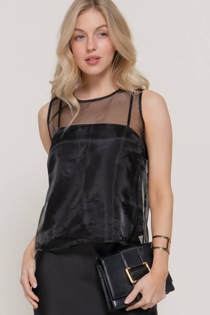Sleeveless Round Neck Organza Blouse with Inner Camisole