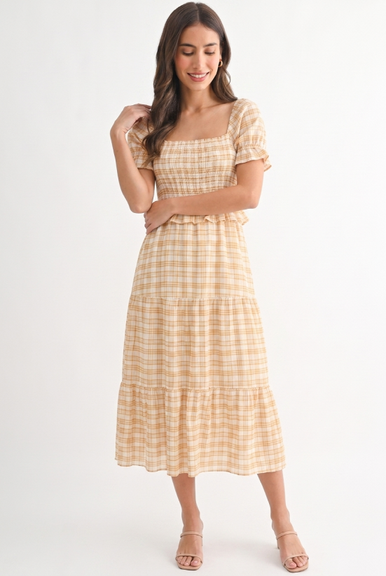 Checked Midi Dress with Puff Sleeves