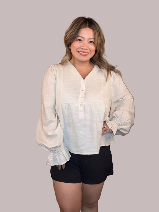 Linen Puff Sleeve Peplum Blouse
