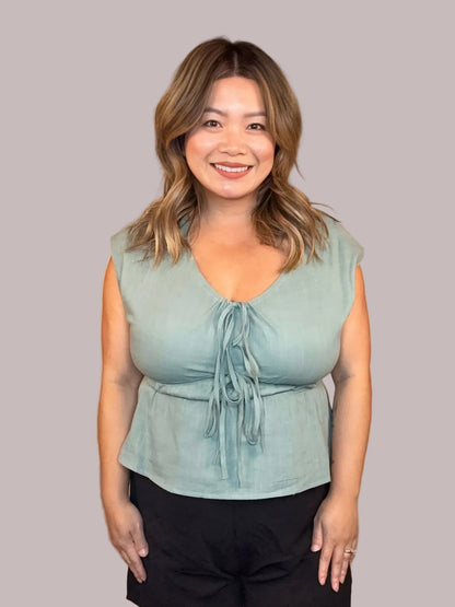 Linen Blend Peplum Cap Sleeve Blouse