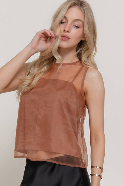 Sleeveless Round Neck Organza Blouse with Inner Camisole