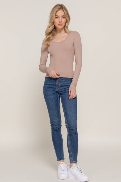 Long Sleeve Scoop Neck with Lace Trim Rib Knit Top