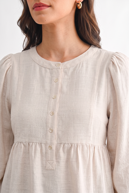 Linen Puff Sleeve Peplum Blouse