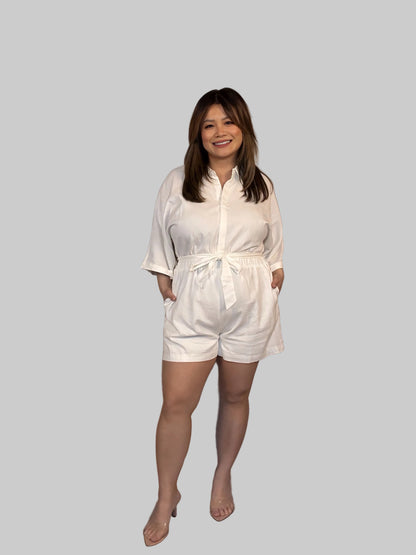 LINEN TIE BELT BUTTON DOWN COLLARED ROMPER
