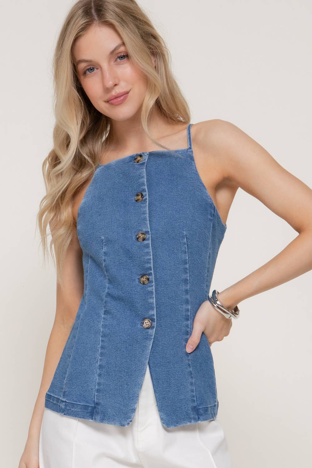 Straight Neckline Stretch Denim Long Vest Top