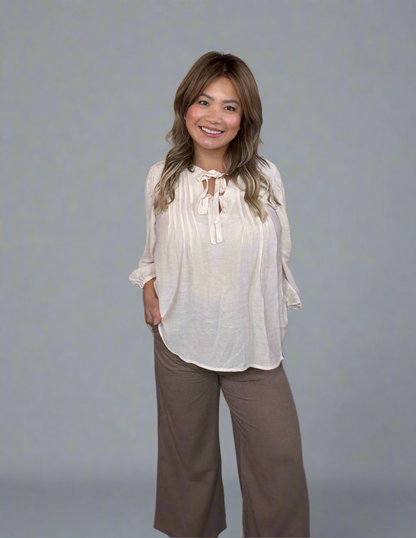 Front Tie Pleated Front 3/4 Sleeve Top
