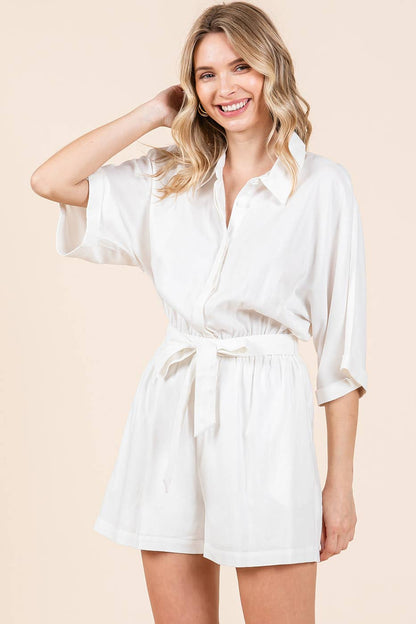 LINEN TIE BELT BUTTON DOWN COLLARED ROMPER