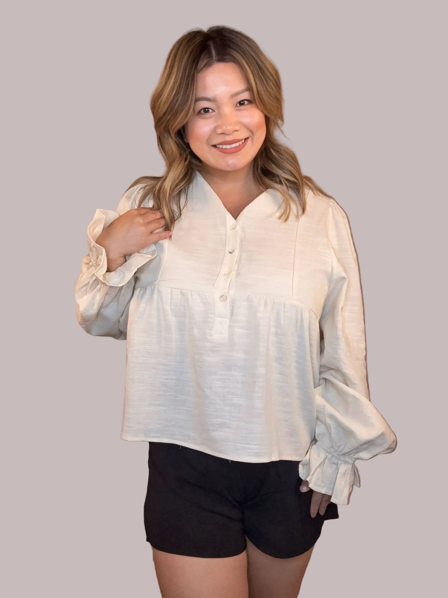 Linen Puff Sleeve Peplum Blouse