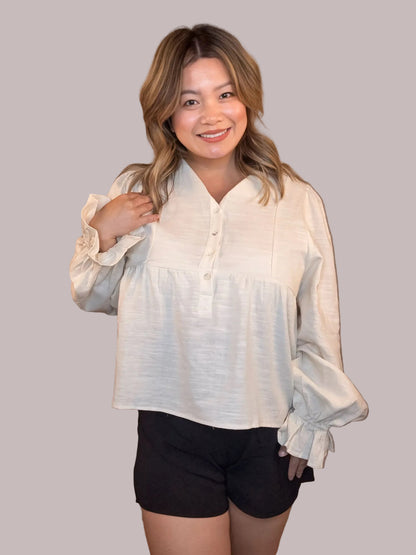 Linen Puff Sleeve Peplum Blouse