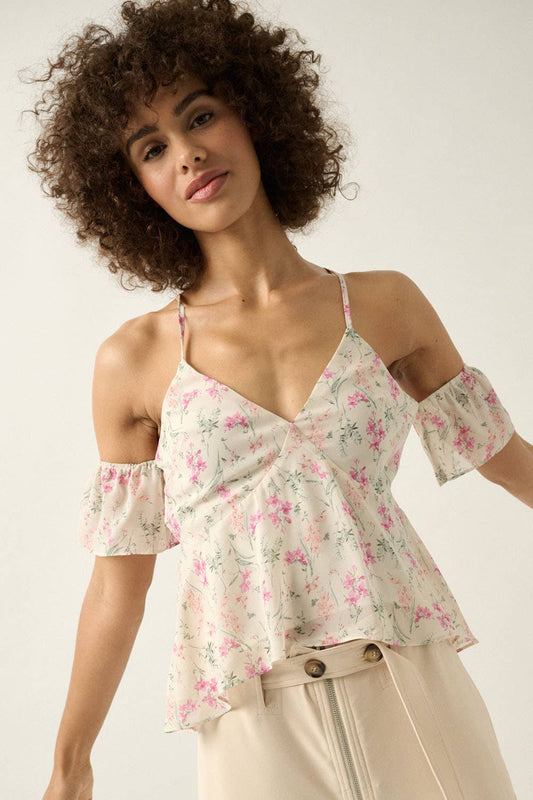 Floral Chiffon Ruffled Cold-Shoulder Cami Top