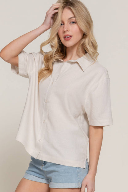 Short Sleeve Button Down Oversized Linen Blend Shirt