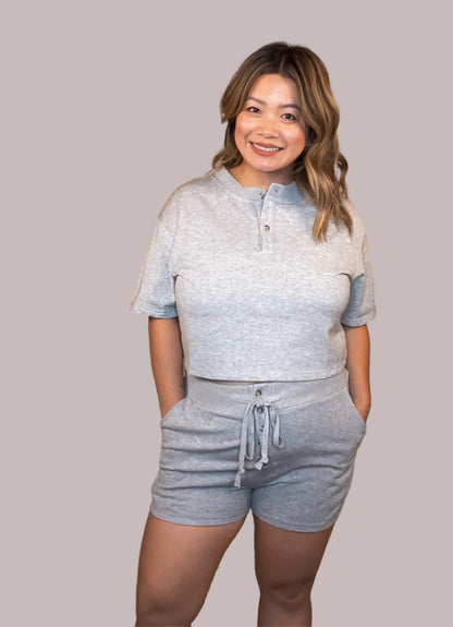 Button-Up Cropped Loungewear Top Set