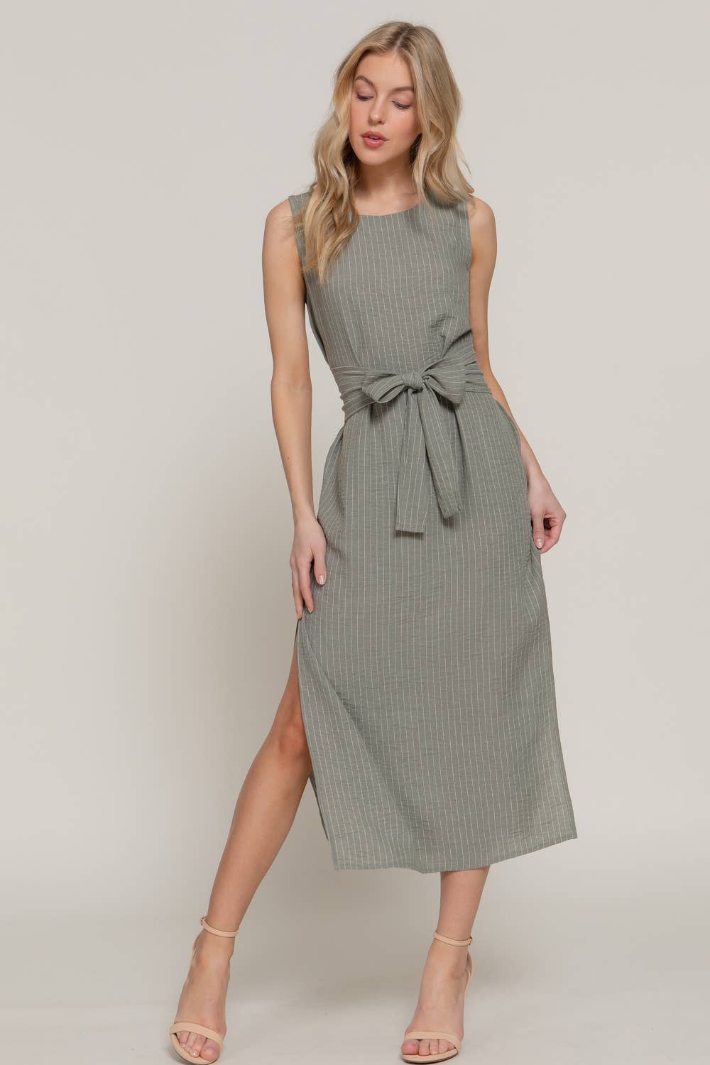 Sleeveless Round Neck Waist Tie Stripe Linen Midi Dress