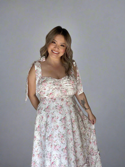 Floral Tie Strap Ruched Detail Maxi Dress