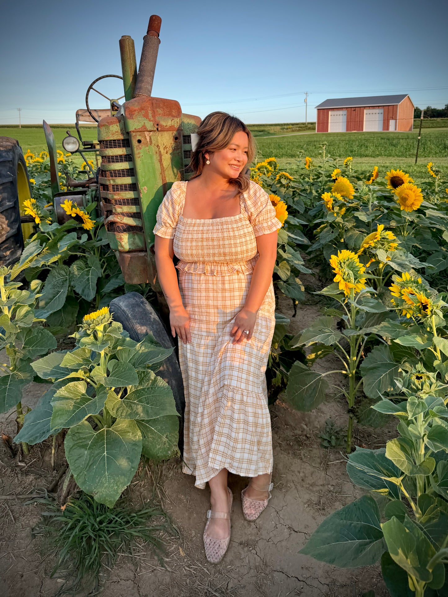 Checked Midi Dress with Puff Sleeves