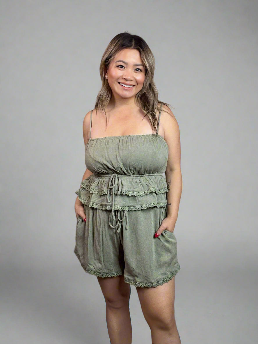 2 PC Peplum Cami Top And Shorts Set