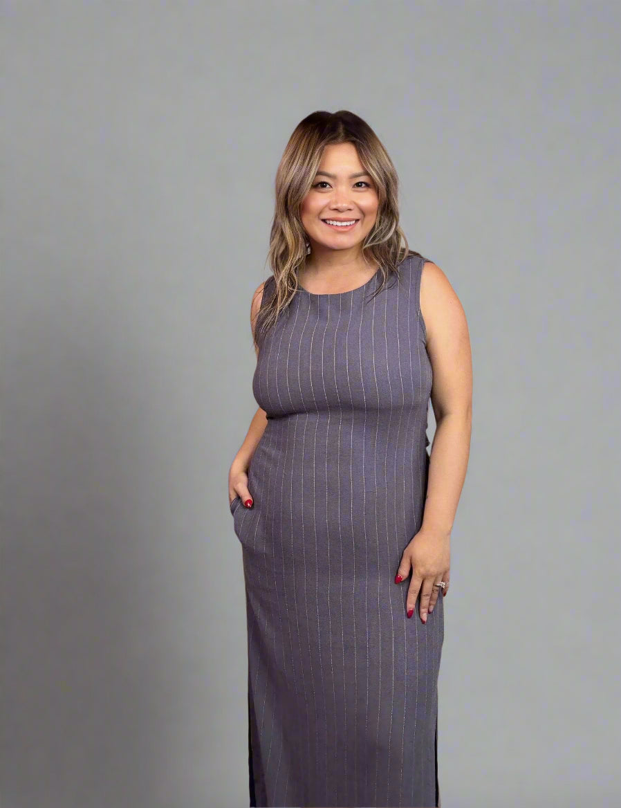 Striped Rayon Linen Side Slit Maxi Dress