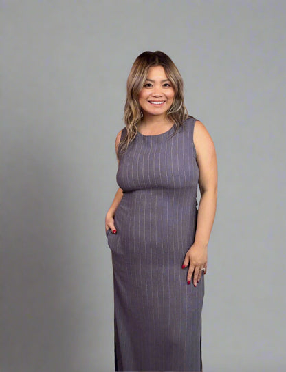 Striped Rayon Linen Side Slit Maxi Dress