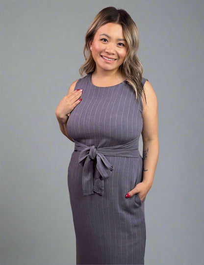 Striped Rayon Linen Side Slit Maxi Dress