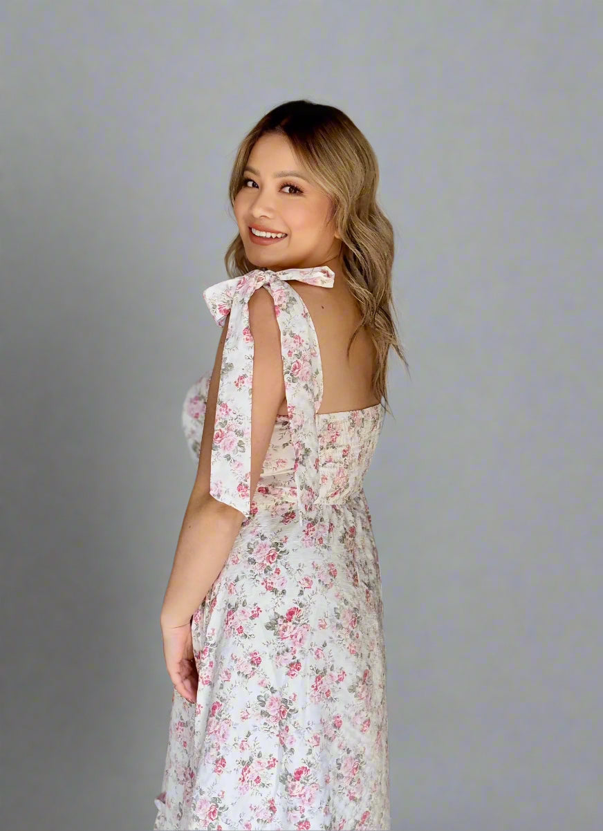 Floral Tie Strap Ruched Detail Maxi Dress