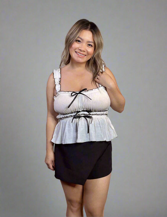 Contrast Trim Ruched Bow Detail Sleeveless Blouse