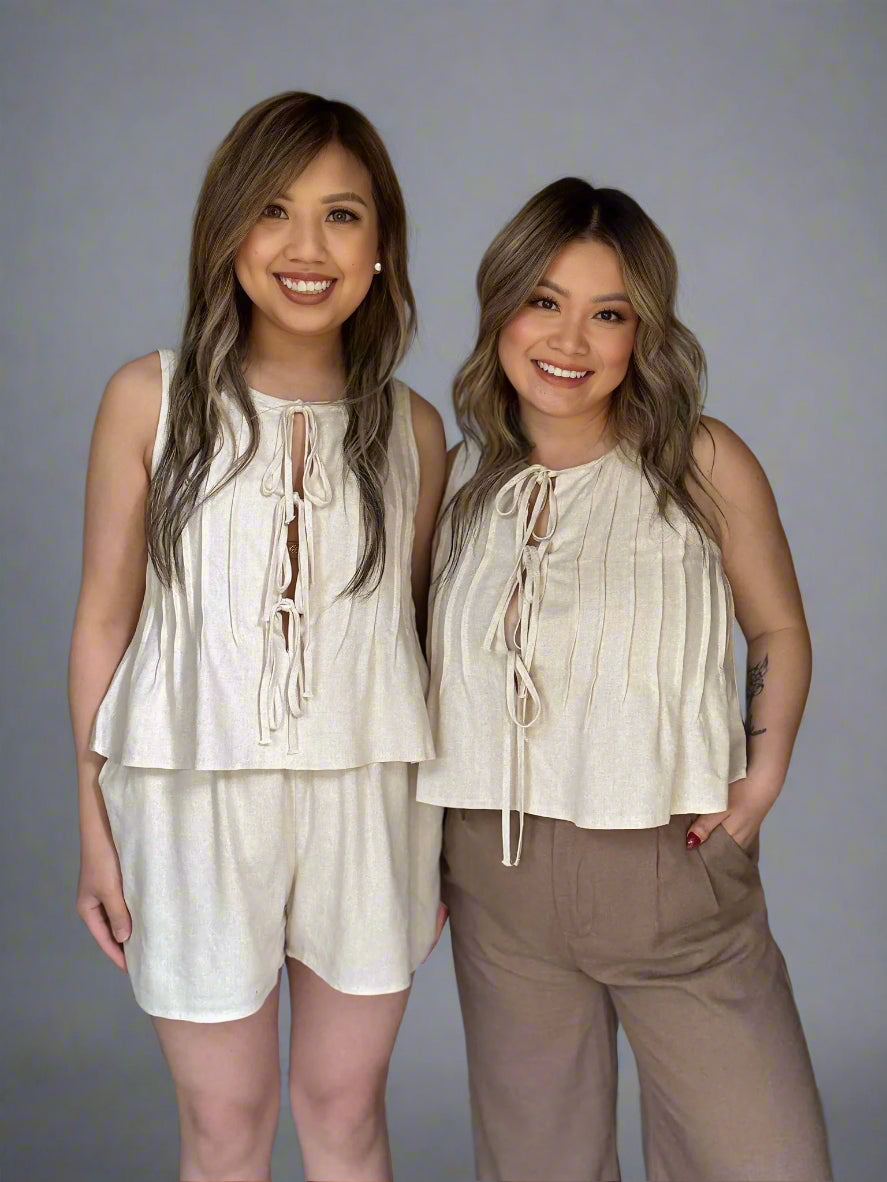 Linen Pintucked Sleeveless And Shorts Set