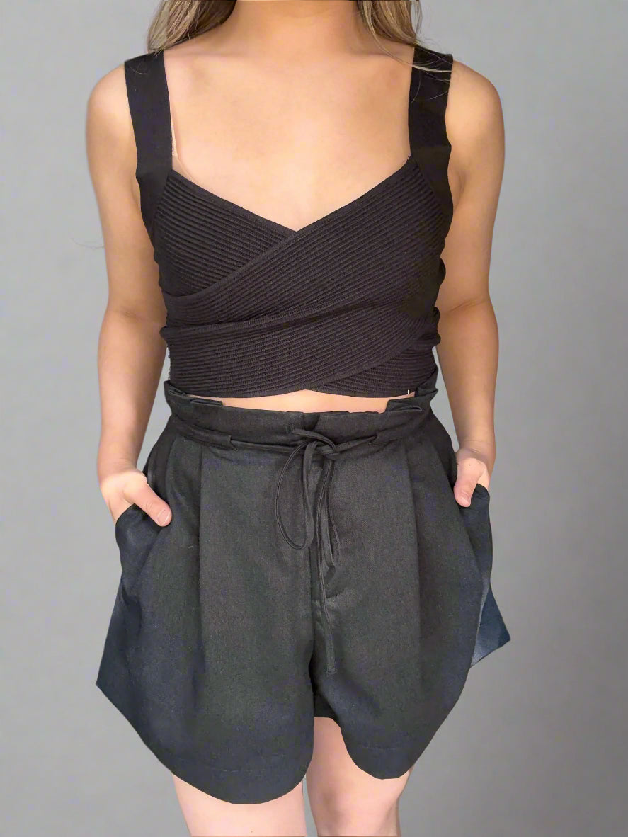 High-waisted Washed Twill Paperbag Shorts