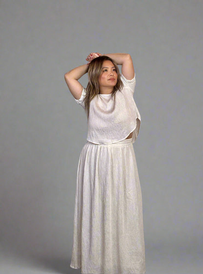 2 PC High Elastic Waist Crinkle Midi Skirt & Shirt