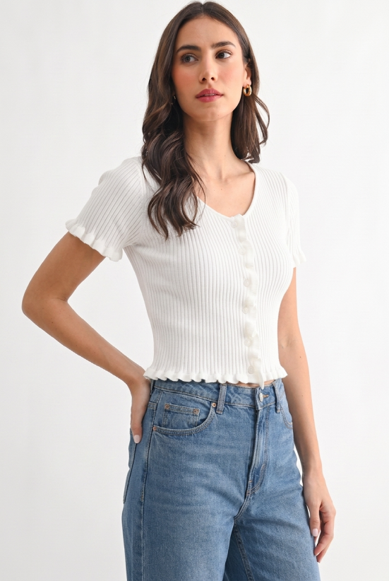 Button-Front Ribbed Knit Cardigan