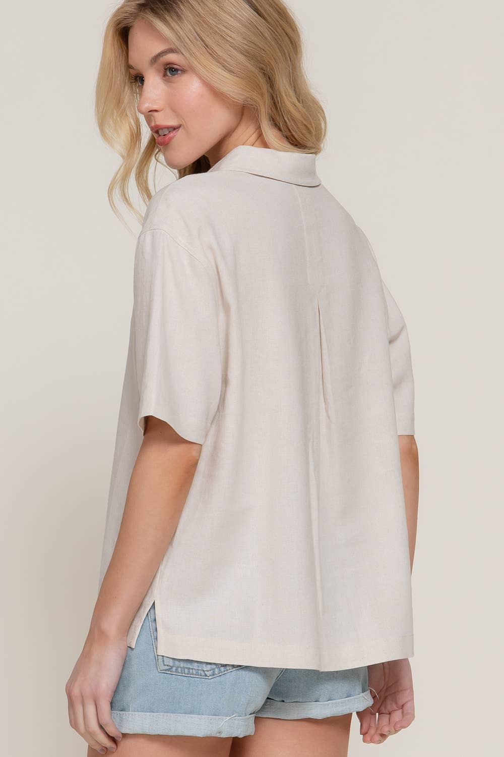 Short Sleeve Button Down Oversized Linen Blend Shirt