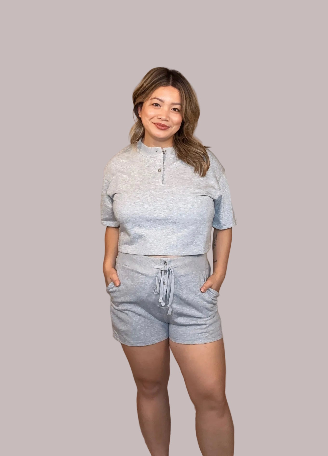Button-Up Cropped Loungewear Top Set