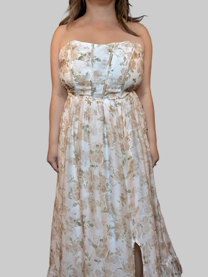 FLORAL STRAPLESS CORSET SIDE SLIT MIDI DRESS