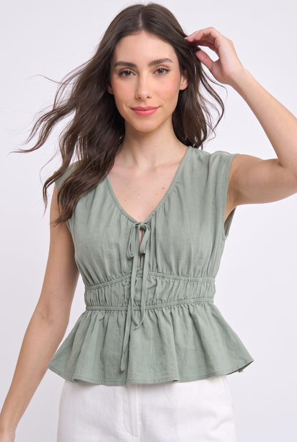 Linen Blend Peplum Cap Sleeve Blouse