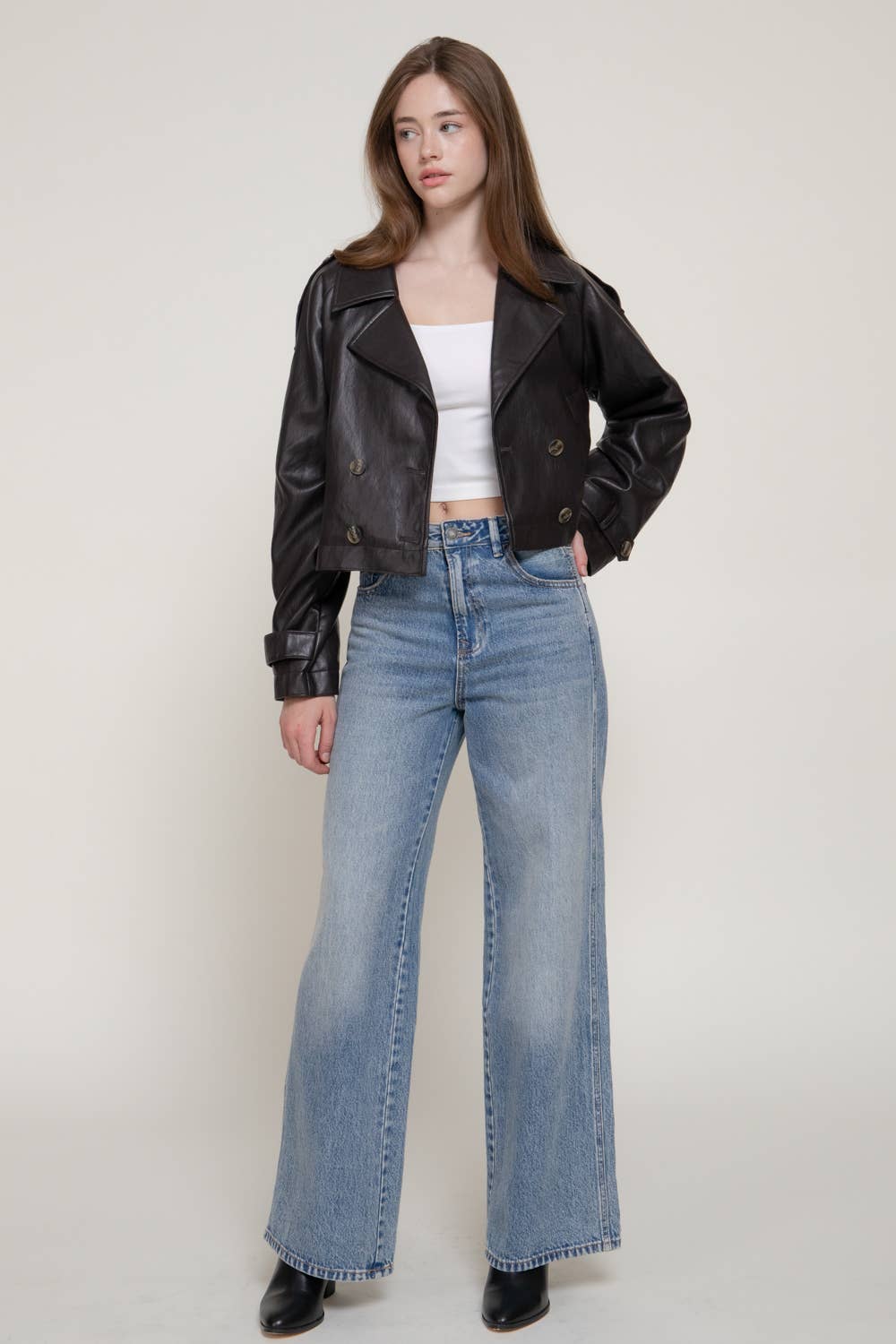 Faux Leather Short Trench Coat