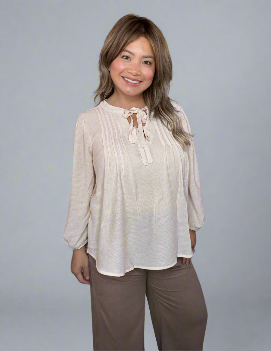 Front Tie Pleated Front 3/4 Sleeve Top