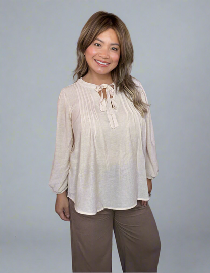 Front Tie Pleated Front 3/4 Sleeve Top