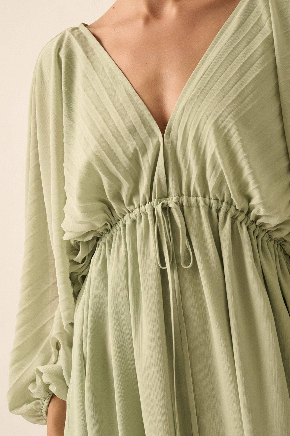 Deep V Neck Chiffon Bishop Sleeve Mini Dress